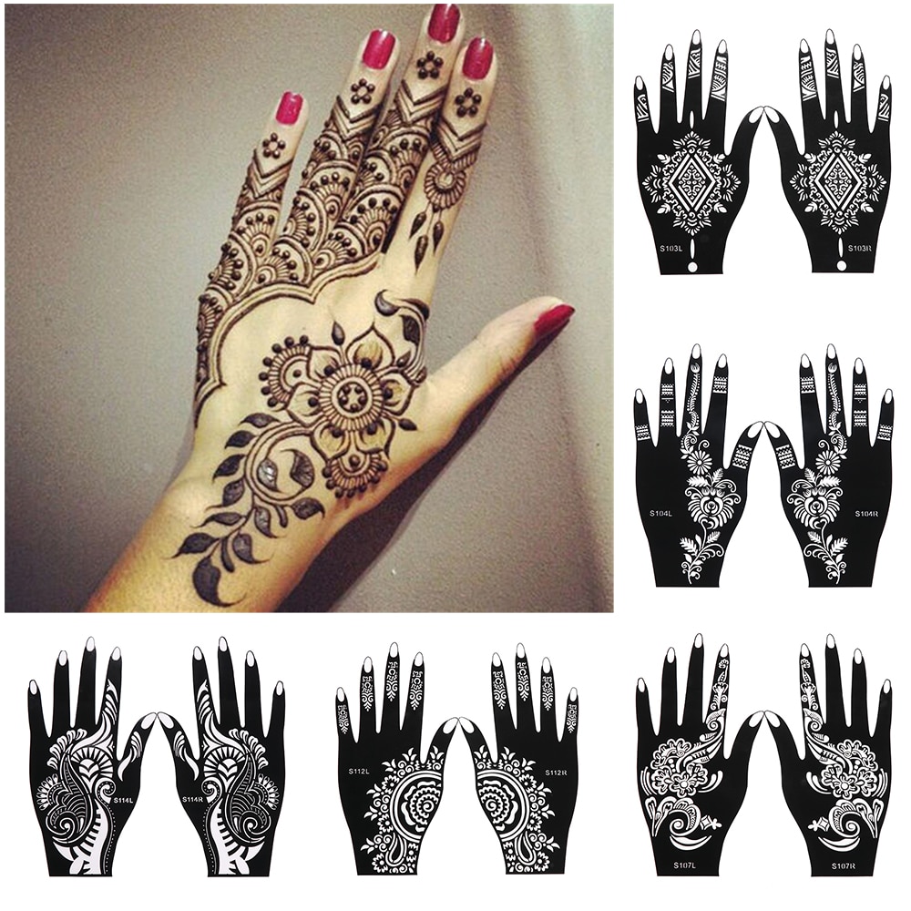Pochoir en henné 2 pièces/ensemble | Autocollant temporaire de tatouage à la main, modèle d'art corporel, outil de mariage, pochoir de tatouage de fleur indienne