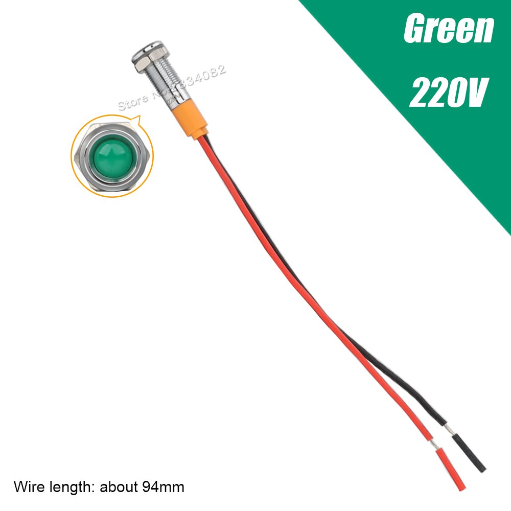 6mm Metal Indicator light LED Signal Lamp Warning light with Wire 6V 12V 24V 220V 110V Red yellow green blue white Waterproof: 220v Green