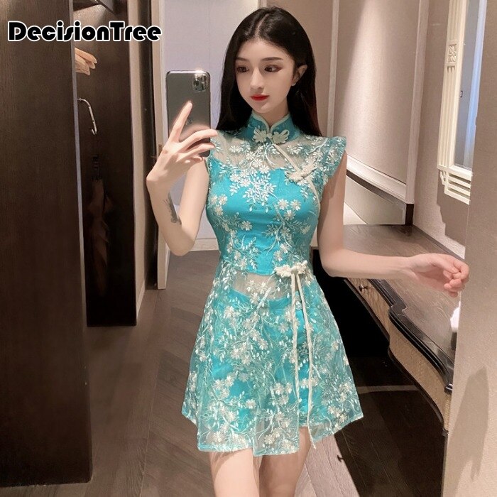 Chinese Feestjurk + Broek Set Cheongsam Bloemenprint Halter Hollow Out Qipao Sexy Chinese Jurk Vestidos Oosterse Jurk
