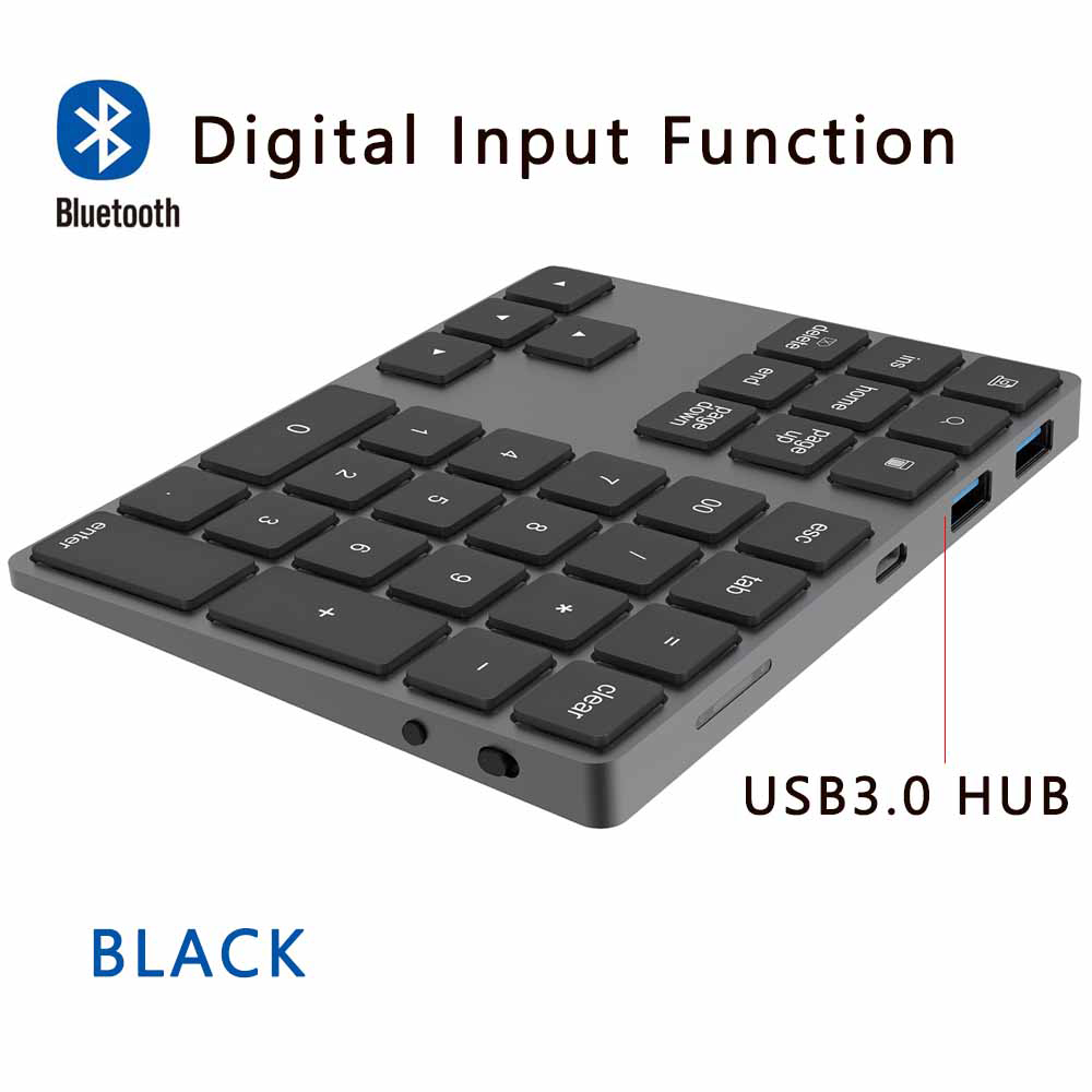 AVATTO Ultra-Slim Aluminum 34 Keys Bluetooth Wireless Numeric Keypad Number Keyboard with Scissor-Switch for PC Surface Tablet: Black With Hub