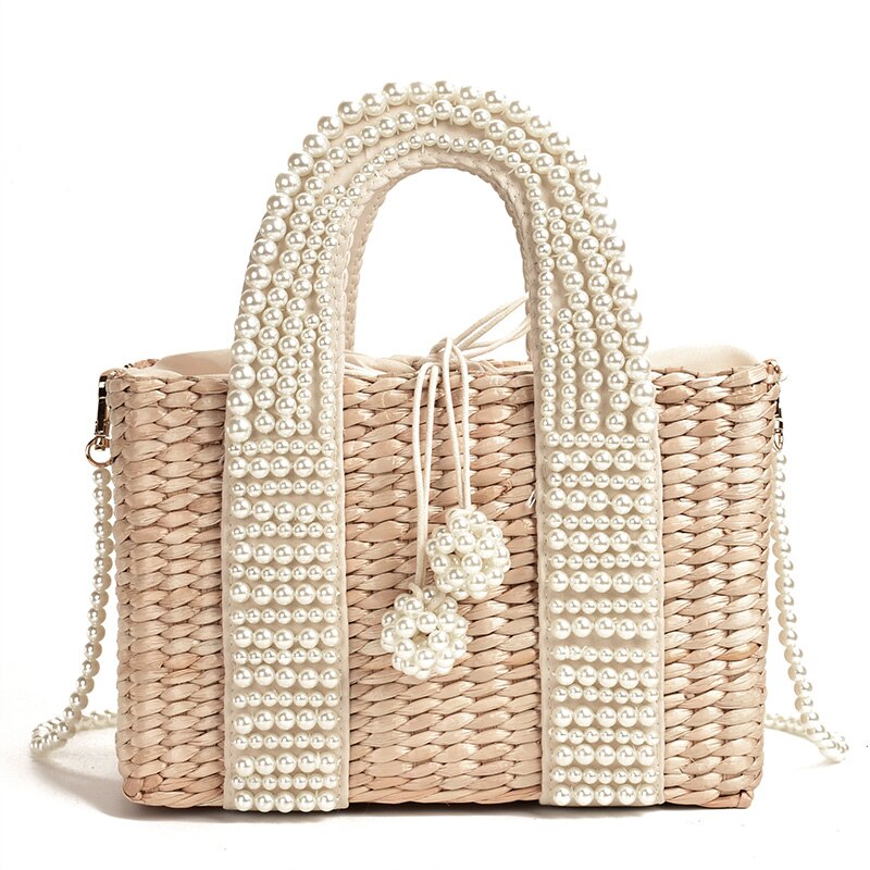 Perler håndtere rattan kvinder håndtasker luksus kæder flettet vævet skulder crossbody tasker dame sommer strand bali halm taske: B