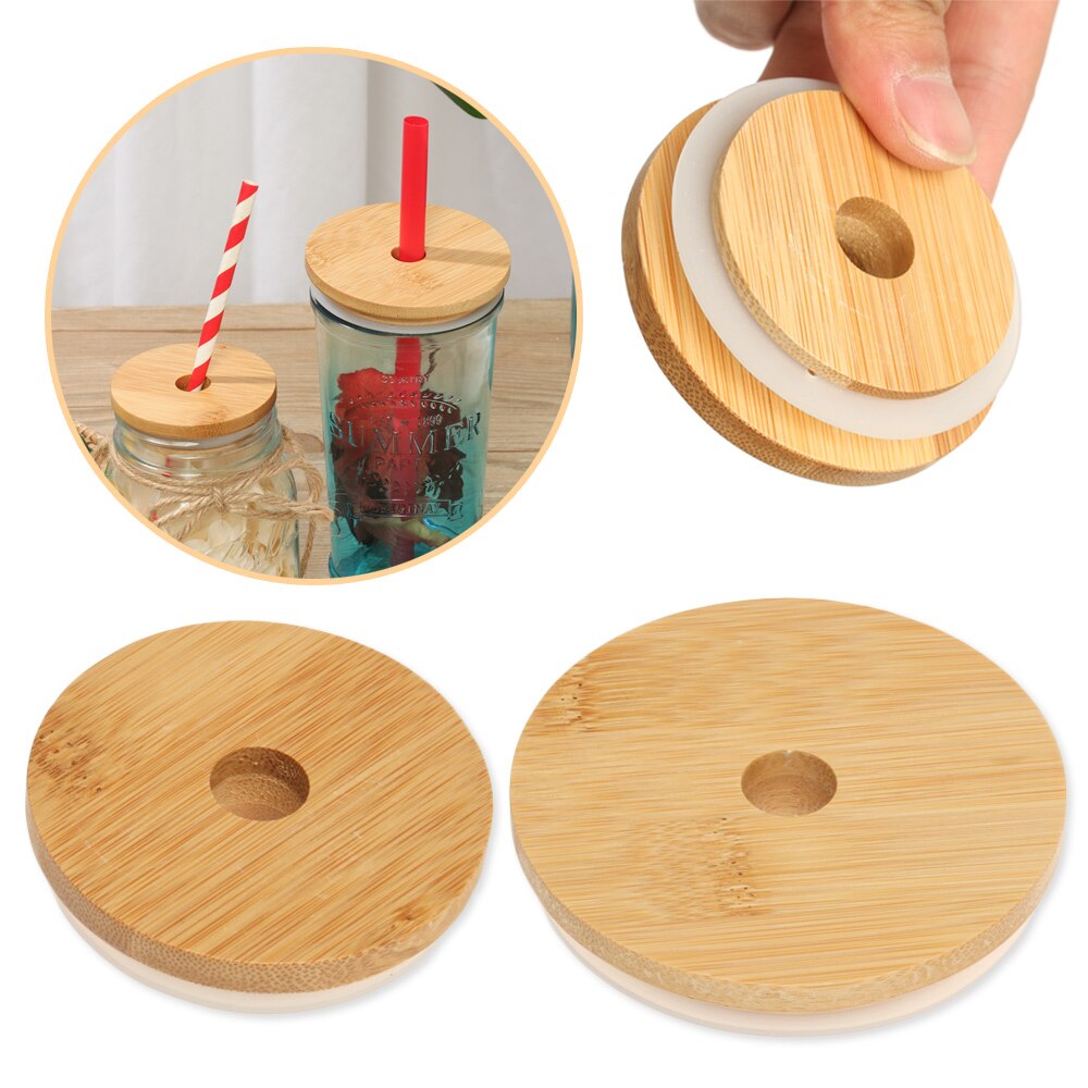 70mm/86mm Reusable Bamboo Wood Lids Mason Jar Lid with Straw Hole Silicone Seal Ring Wide Mouth Cup Covers Caps Decor Crafts