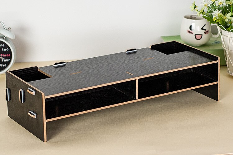 Assembled Computer Monitor Rack 3 Layers Wood Office Table Organizer for Pen/Keyboard/Stationery Laptop Tray 48*20*11.5cm: Black