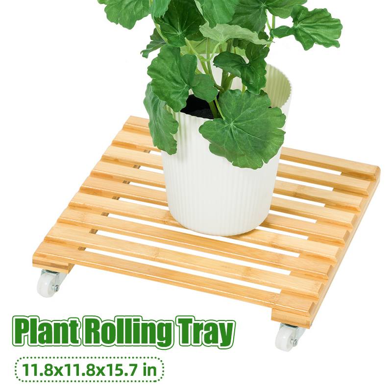 Bamboe plantenstandaard met wielen, verplaatsbare bloempotverplaatser, rol voor op het terras, zware plantenbak met wielen, rolplateau