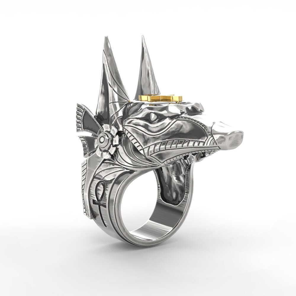 Bleknar aldrig rostfritt stål egypten kors anubis gud fingerringar för män kvinnor punk varghuvud knogring boho statement smycken
