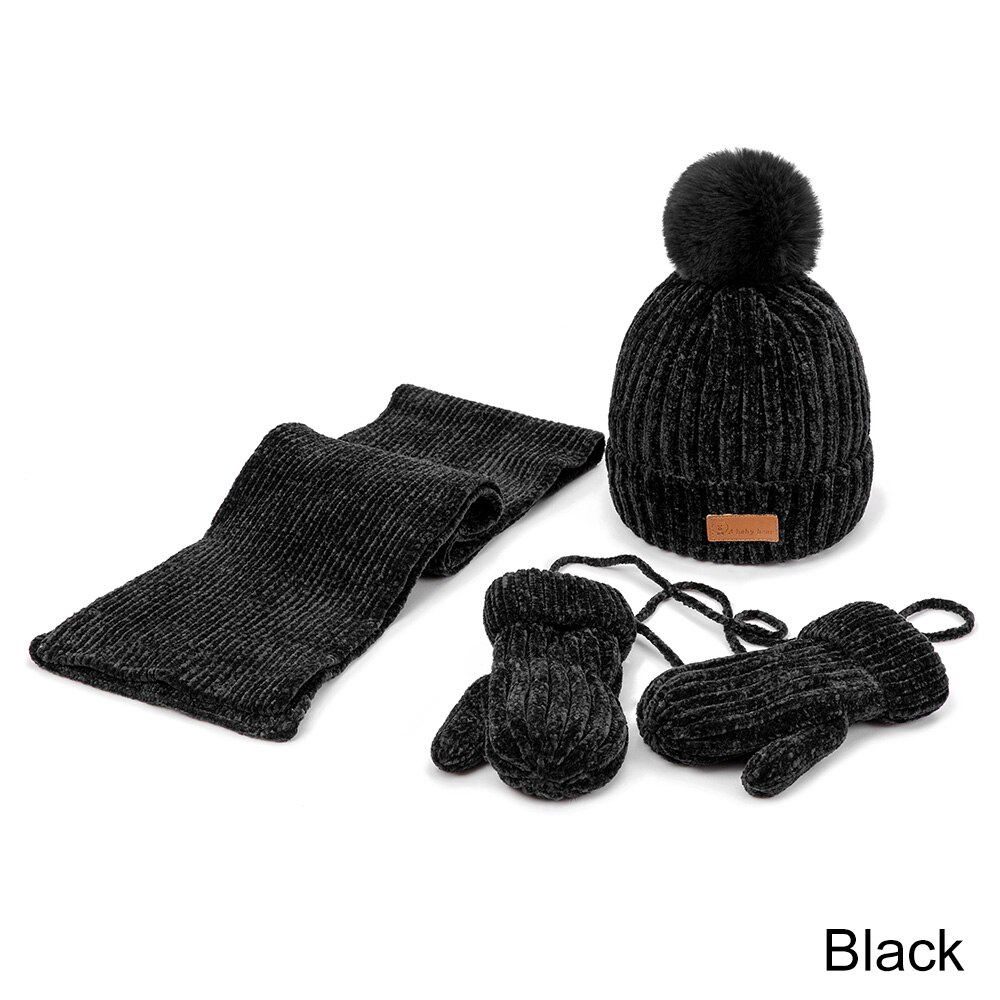 Reakids baby meisjes muts sjaal handschoenen set winter warme dikke muts met haarbal zachte comfortabele outdoor muts jongens katoenen muts pak: Zwart