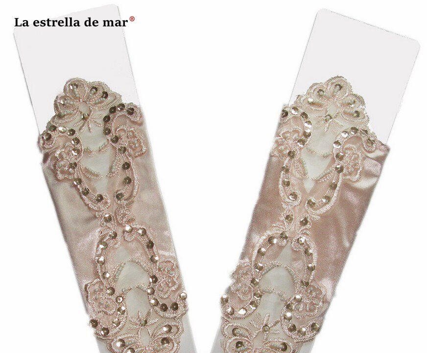 Gants de mariage pour mariée perle multicolore satin sans doigts mariée gants de mariage coude spot applique mariage perlé: Champagne