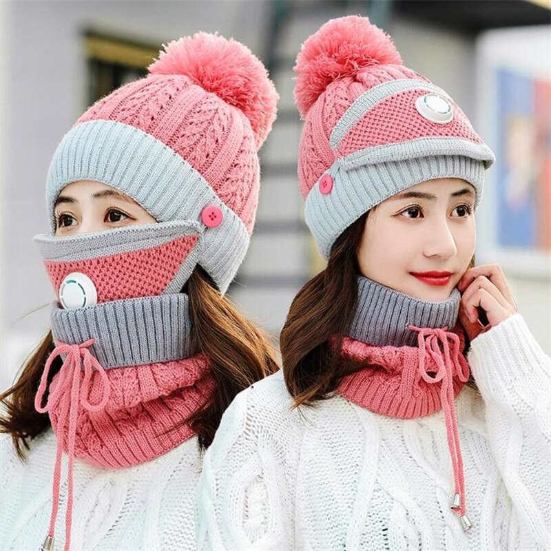 3 Pieces Set Women's Knitted Hat Scarf Caps Neck Warmer Winter Hat for Ladies Girls Skullies Beanies Warm Fleece Caps: pink