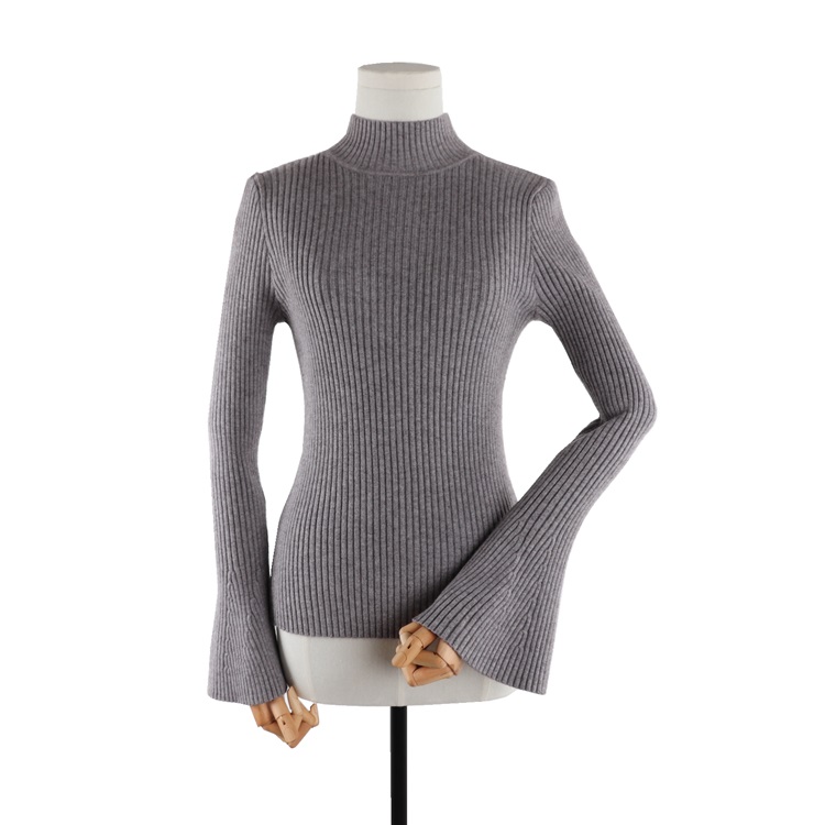 Vintage bell sweater kvinder retro halvhøj hals flare ærme pullover jumper kvindelig elastisk slank talje strikkede trøjer: Grå