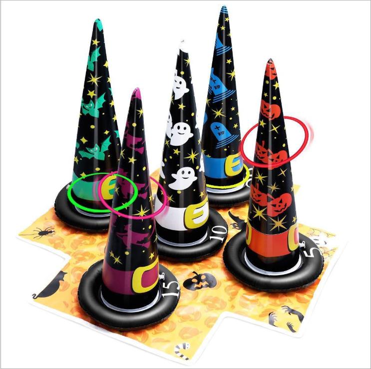 Oppustelig heks hat ring kaste spil til børn halloween fest oppustelig legetøjssæt med oppustelige hekse hatte og ringe til børn annonce: B