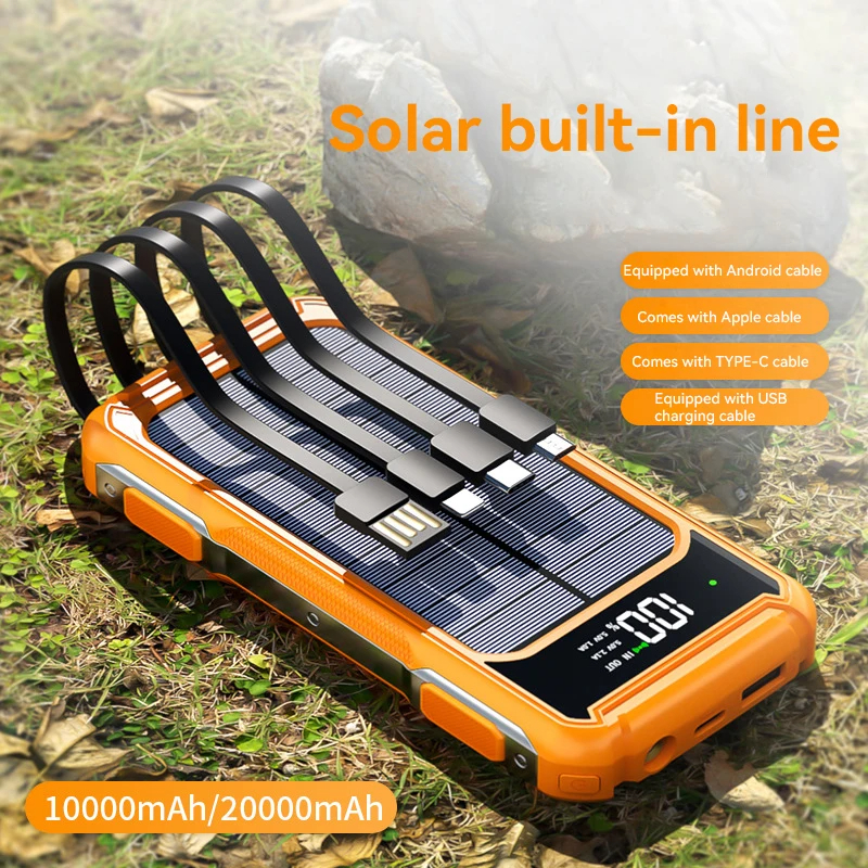 200000mAh 4 in 1 Built in Cables Solar Emergency Power Bank Large Capacity Intelligent Digital Display Power Supply for iPhone
