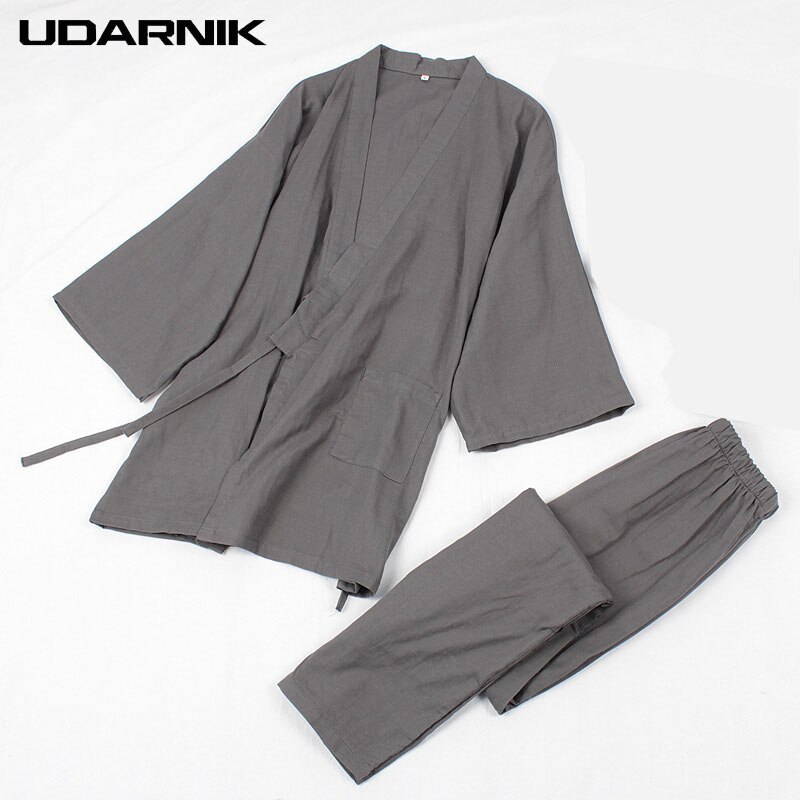 Men Cotton Jpan Kimono Robe Sets Pajamas Tops& Pants Elastic Waist Long Trousers Sleepwear Homewear Nightwear 901-241