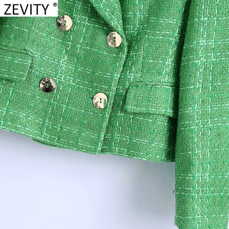 Zevity-Chaqueta de lana de Tweed para mujer, ropa de estilo inglés con doble botonadura, verde, Vintage, manga larga, trajes Chic, Tops CT695