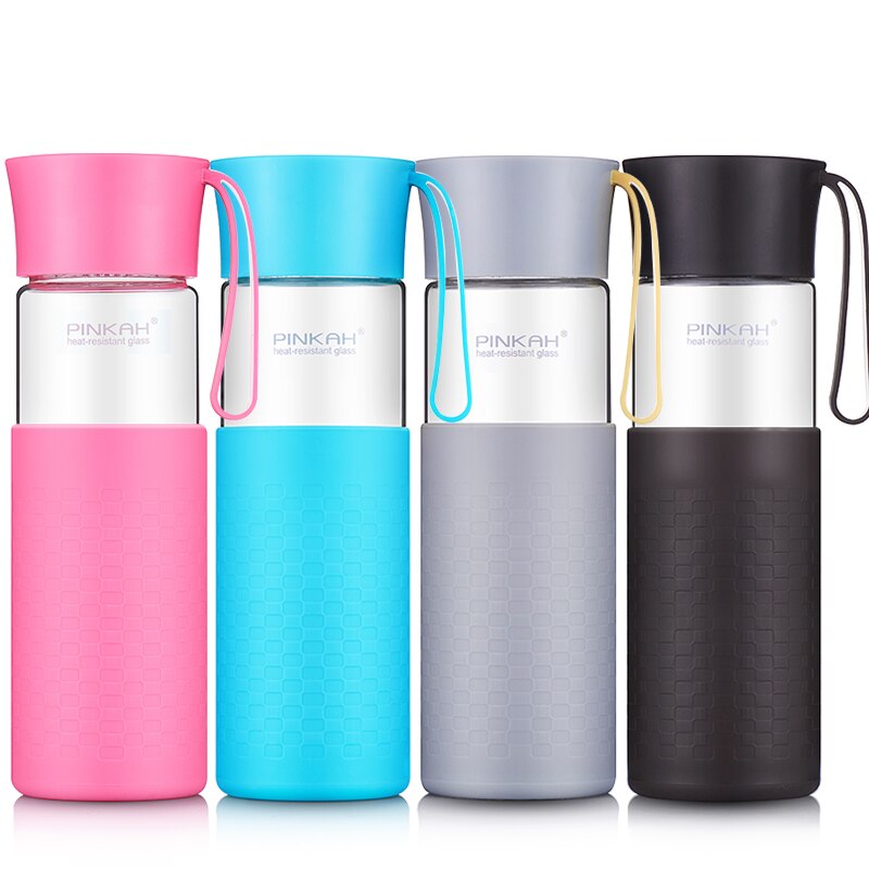 Pinkah glas vattenflaska bpa fri hög borosilikat glas tekopp läckagesäker bärbar med skyddande silikonfodral 400/500ml