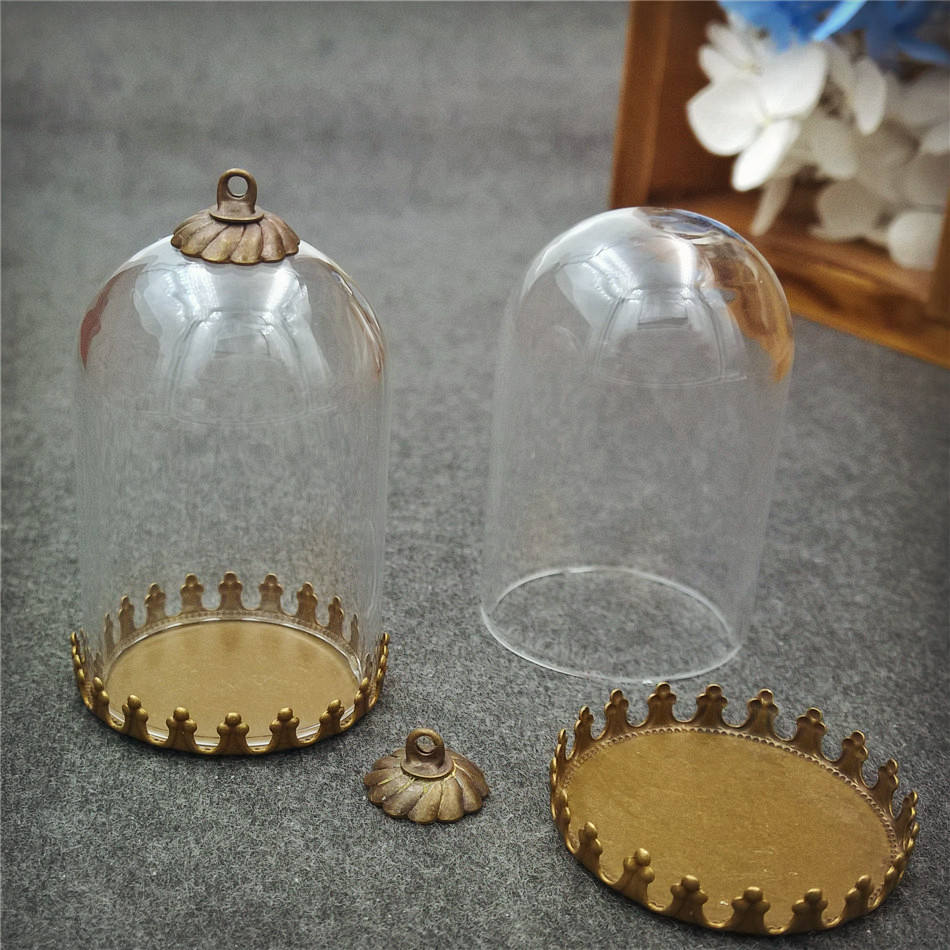 5sets/lot 38*25mm tube glass globe bronze tiny crown base beads cap glass vial pendant necklace pendant glass dome: ripple cap set