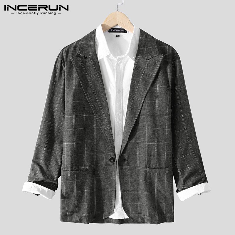 INCERUN Men Plaid Blazers Long Sleeve Turn Down Collar Streetwear Men Casual Suit Leisure Business Jackets Pockets Blazer