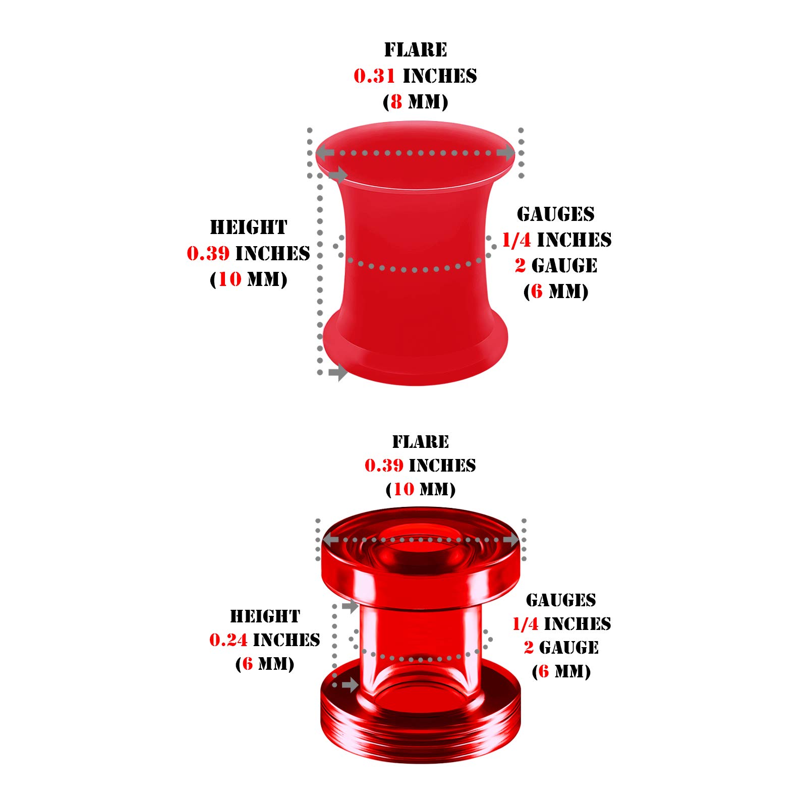 1 Paar rot Silikon doppelt ausgestellte Sattel durchbohren Schmuck Trage Ohr stöpsel Ohrring lappen Acryl Außen fleisch Tunnel 3-20mm