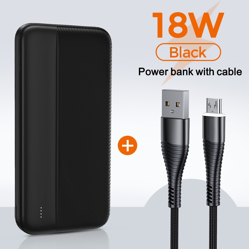 YKZ 10000mAh Power Bank For iPhone 12 pro max Powerbank External Battery Pack Portable Charger Power Bank for Xiaomi Mi 9: 18w black with cable