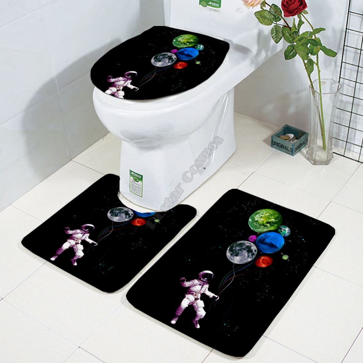 Galaxy astronaut Three-piece set 3D printed Bathroom Pedestal Rug Lid Toilet Cover Bath Mat Set 03