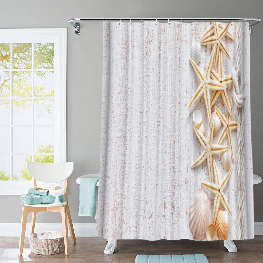 Conch Starfish Shell Shower Curtain Bathroom Curtains Non Slip Beach Style Pattern Anti-skid Carpet Toilet Lid Cover Bath Mat: C Shower Curtain