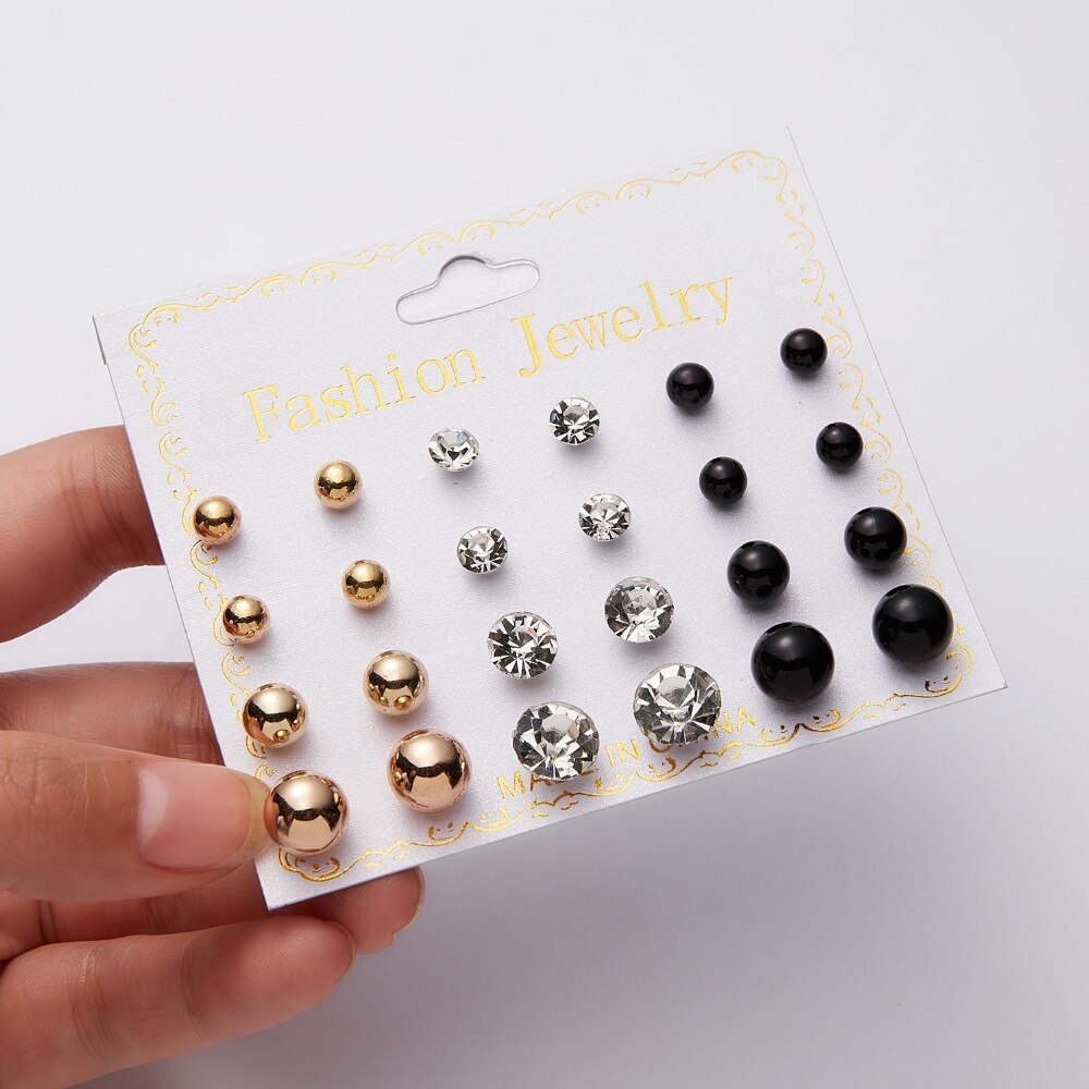 12 Pairs/set Classic Crystal Stud Earring Sets Women's Round Ball Metal Pearl Flower Earrings For Women Girl Mixed Jewelry