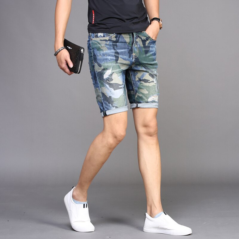 Shorts heren gescheurde denim camouflage jeans zomer dunne stretch rechte korte jeans streetwear knielange broek