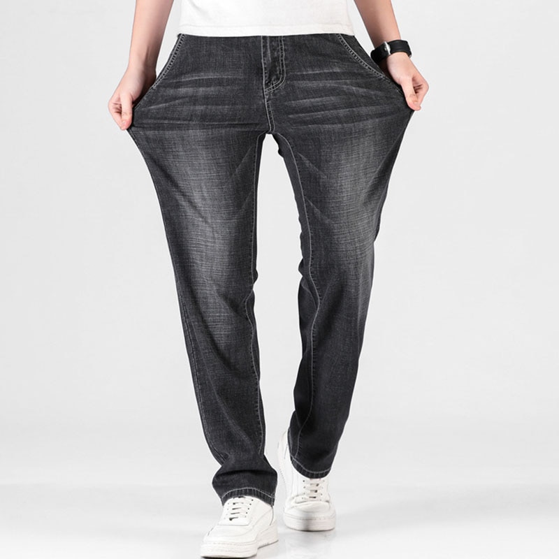 Mænd jeans 29-46 lige denim bomuld høje bukser mænd løse afslappede denim løse bukser stretch grå plus str.