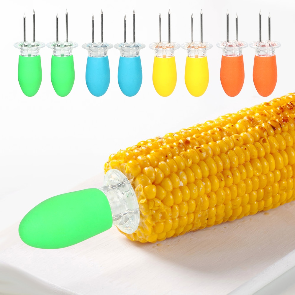 2 unids/set de pinzas gemelas para barbacoa pinchos aguja herramientas de barbacoa de acero inoxidable maíz Cob soporte de tenedor BBQ soportes para maíz