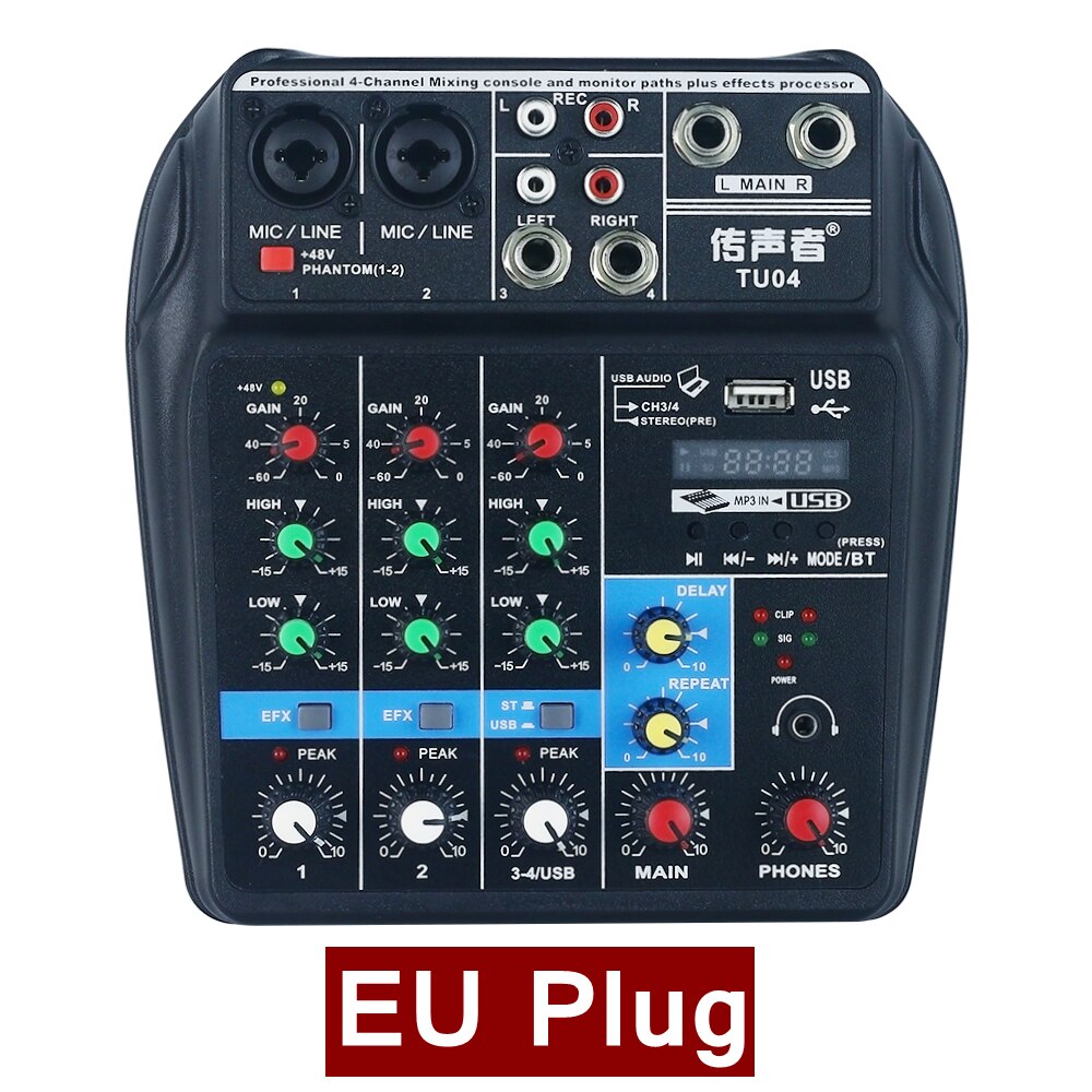 4 kanalers mixerpult bluetooth lydkort dj audio interface usb lyd mixer mikrofon 48v phantom power: Eu-stik