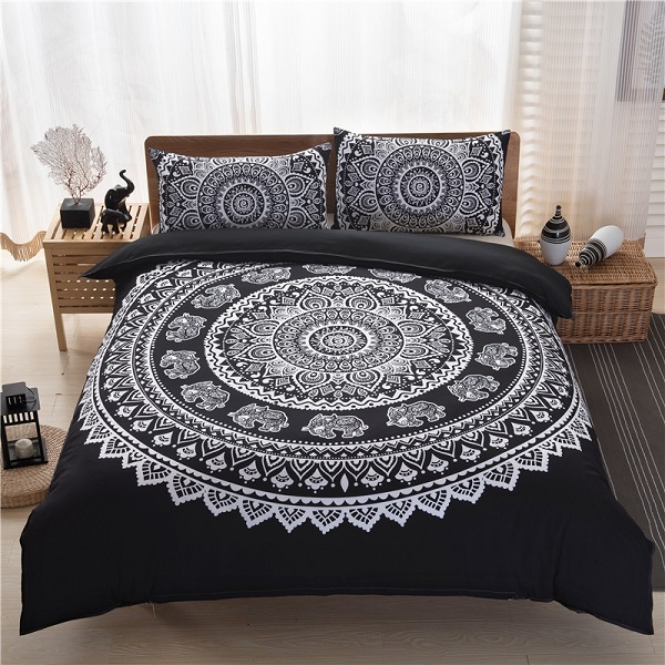 Bohemiska sängkläder set mandala tryck blå svart vit boho enkel dubbel queen king size påslakanset (ingen fyllning inget lakan): Svart / 200 x 230cm 3 st