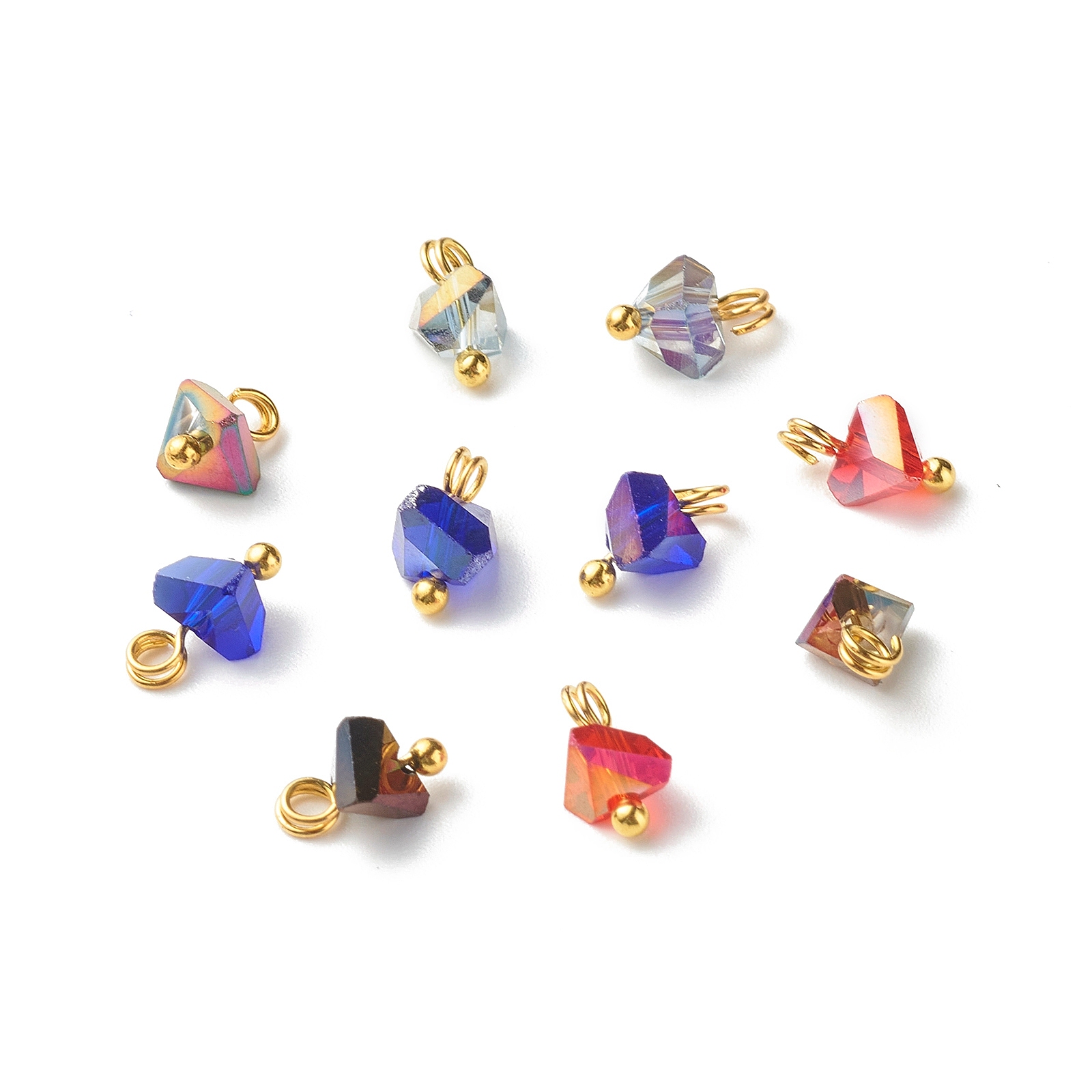 100 Uds. Amuletos de cristal triangulares electrochapados con alfileres de cabeza de bola de latón para fabricación de joyas, accesorios para collar y pulsera, 8x6x4,5mm: Azul