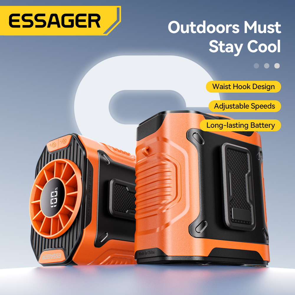 Essager-ventilador de cintura de alta velocidad, ventilador portátil para exteriores, cuello colgante, viento fuerte con iluminación LED PowerBank para trabajo al aire libre