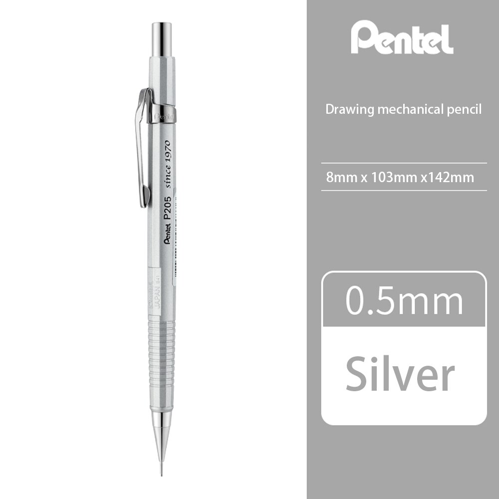 Japan Pentel Brass Mechanical Pencil P205 0.5mm Student Mechanical Pencil Low Center of Gravity Office Drawing Special: Silver