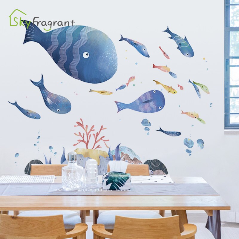 Cartoon underwater world wall sticker ocean cute fish kids room decoration stickers bathroom self-adhesive home bedroom decor