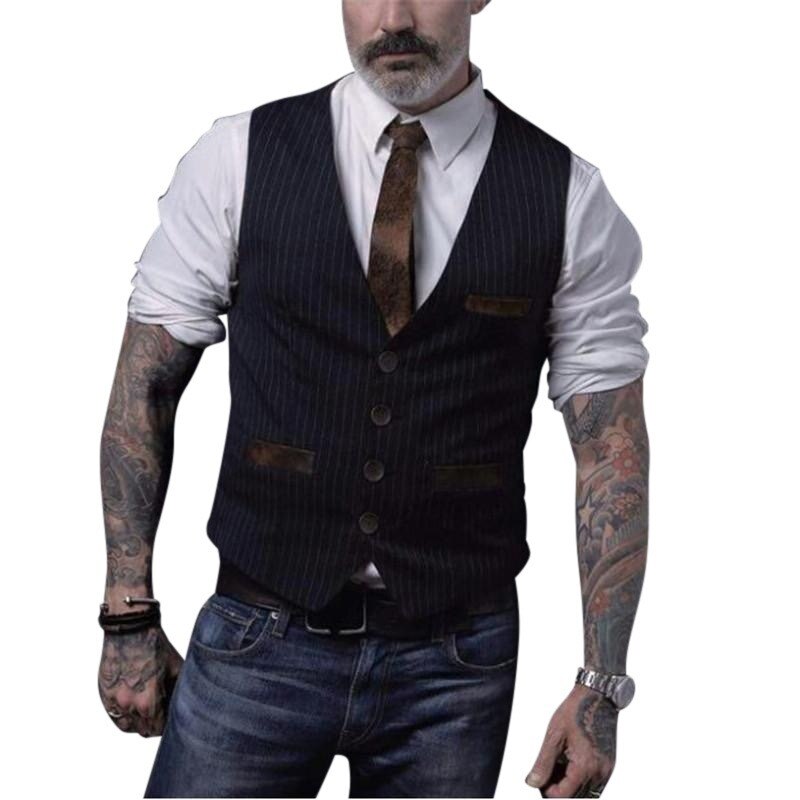 Chaleco de traje negro a rayas para hombre, chaqueta sin mangas Vintage con botonadura, de primavera y otoño,