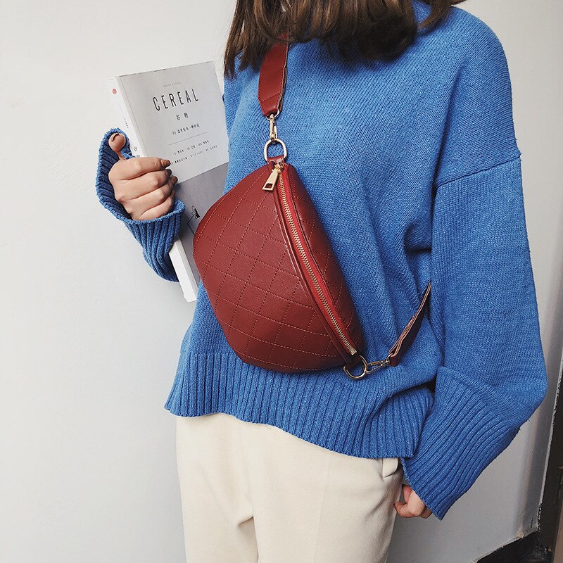 Vintage Ladies PU Leather Shoulder Bags Chains Waist Purse Plaid All-match Women's Chest Bags