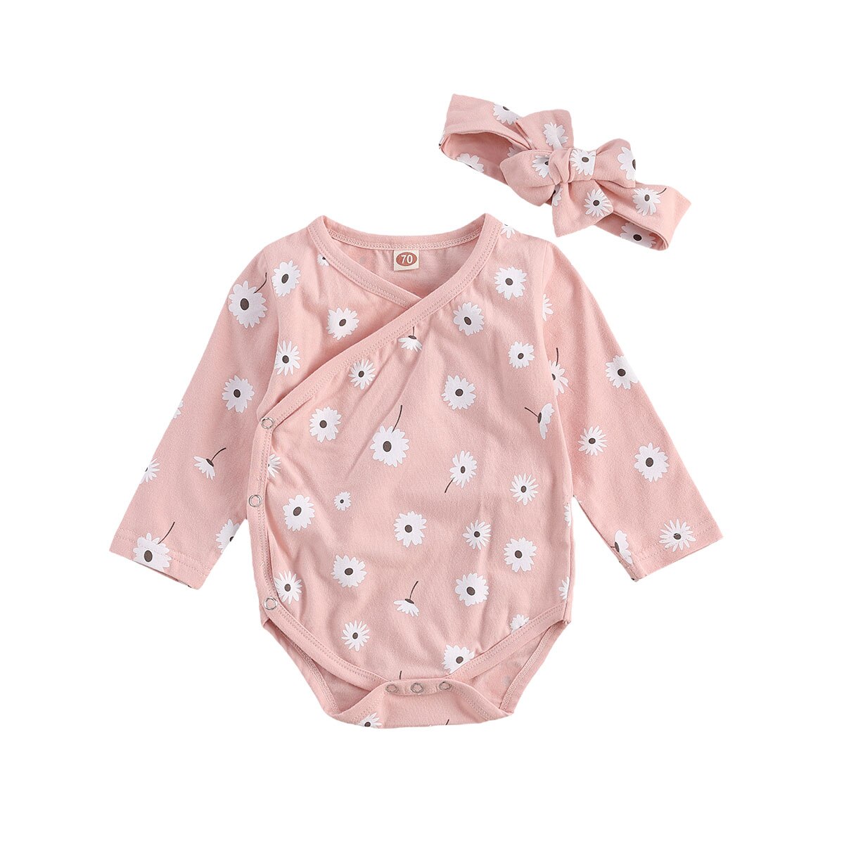 Conjunto de ropa de dos piezas para bebé niña, mono frontal abierto con cuello en V de manga larga + tocado, blanco/rosa