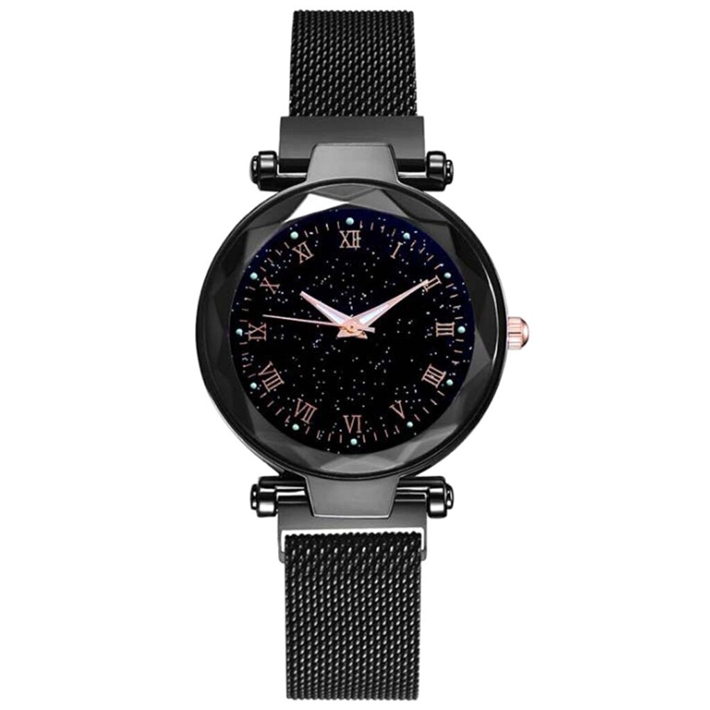 Vrouwen Lichtgevende Quartz Horloge Magneet Gesp Sterrenhemel Lichtgevende Horloge Luxe Dames Rvs Quartz Horloge Relogio Feminino: Black 