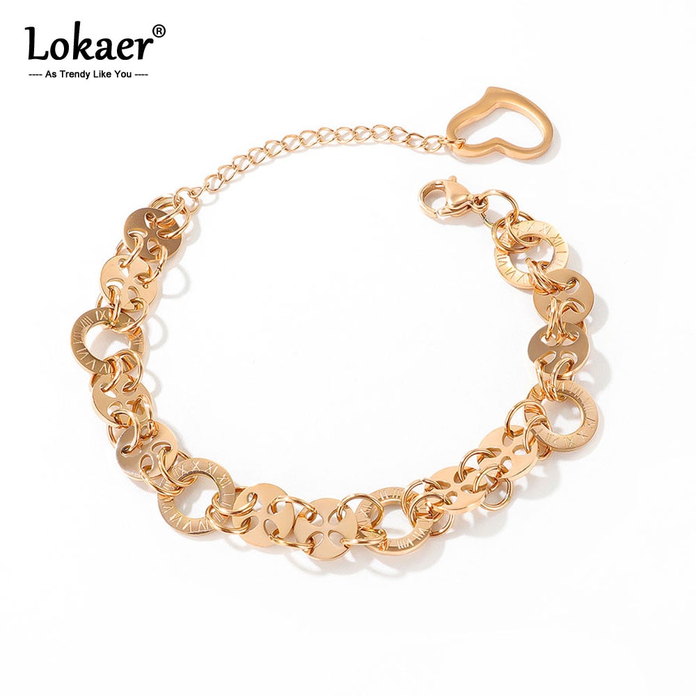 Lokaer moda aço inoxidável amor círculo numerais romanos charme pulseiras bohemia link & chain pulseira para meninas femininas b17094