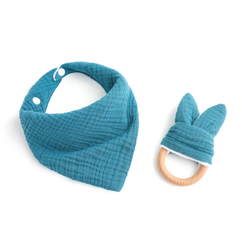 2 Stks/set Baby Jongen Meisje Speeksel Tissue Molars Ring Houten Bijtring Set Katoenen Mousseline Slabbetjes Effen Kleur Burp Doek Driehoekige sjaal: Sky Blue
