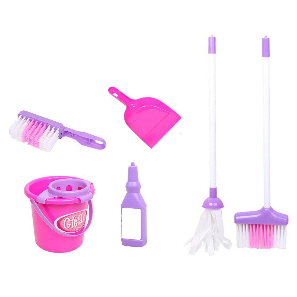 6Pcs Girls Pink Color Simulation Broom Mop Bucket Brush Cleaning Tool Pretend Play Toy Set: Default Title