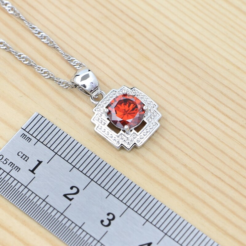 Conjunto de joyería de plata 925 para mujer, anillo redondo rojo granate, pendientes, pulsera, colgante, cadena, joyería cuadrada