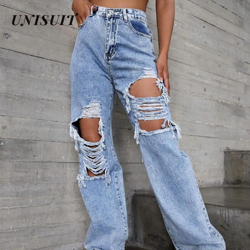 Pantalones vaqueros rasgados para mujer, Vaqueros desgastados de pierna recta y piernas anchas, estilo europeo y americano, para monopatín,