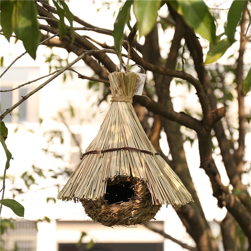 1PC Natural Khaki Straw Bird Nest Handmade Birdhouse Parrot Hanging Cave Woven Bird Cage Home Yard Decoration Small Pet Supplies