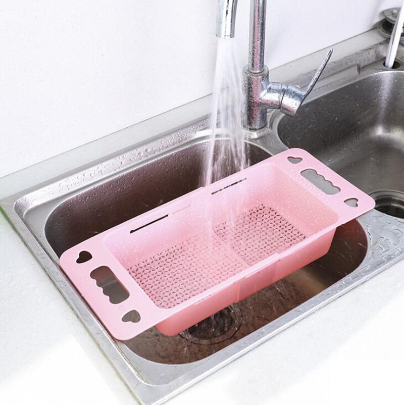 Kjøkkenkurv uttrekkbar kjøkken sammenleggbar vask avløp plastfilter oppvaskstativ avløpskurv avløp sammenleggbar grønnsaksfilter: Rosa