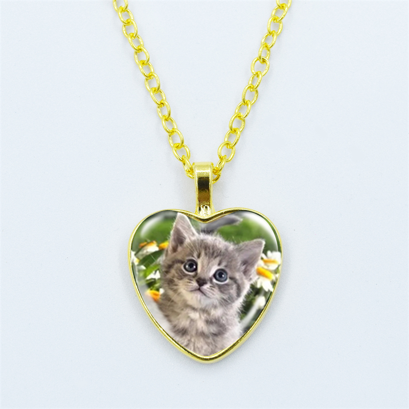 Collar con colgante de corazón de gato para mujer, joyería de cadena fina con cara de gema de cristal y Metal a la , accesorios de para niños: PLATEADO