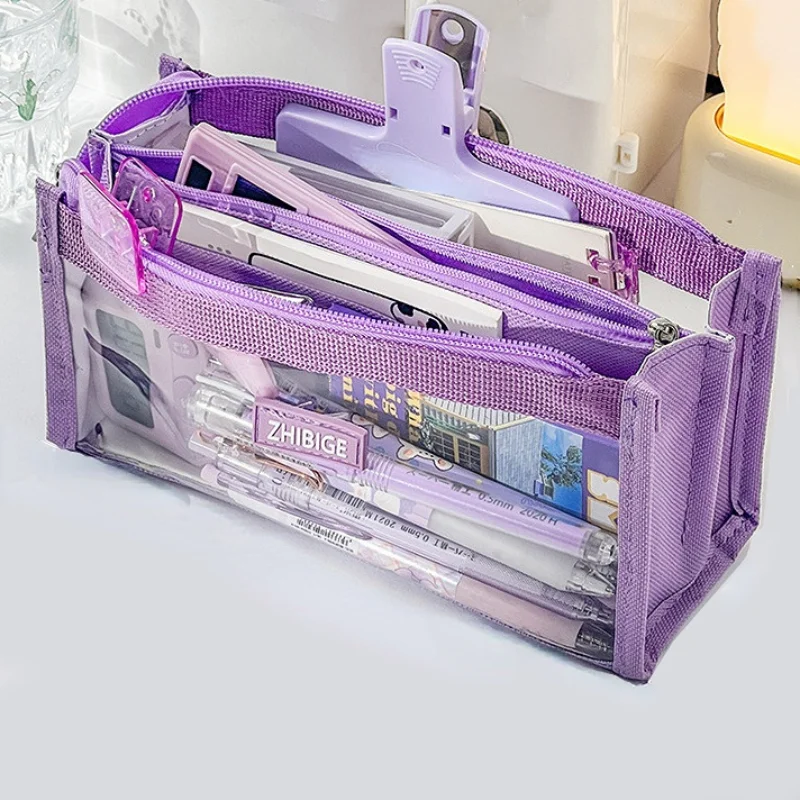 6 Layers Large Capacity Pencils Bag Aesthetic Pen Stationery Supplies Transparent Zipper Pouch for School Girl Pen Case: black