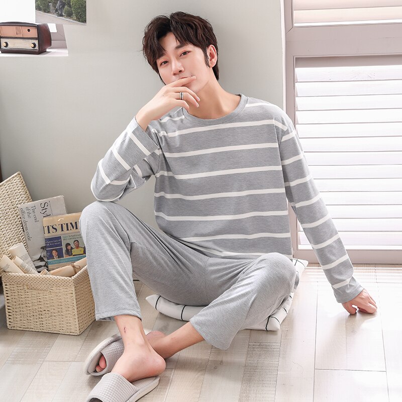 Pajamas Sets Male Striped Full Pure Cotton Carton Men Long Sleeve Sleepwear Suit 2 Pieces Casual Spring Home Lounge