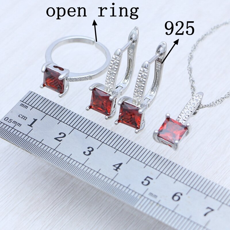 Mujer pendientes anillo colgante collar 925 joyería de plata cuadrado granate piedra roja conjunto de joyas accesorios de boda