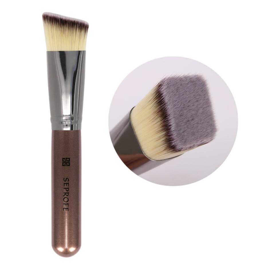 Juego de brochas de maquillaje base , 1 unidad, cabeza plana inclinable, corrector de mango pintado de madera y metal, herramientas de maquillaje: gold tilt